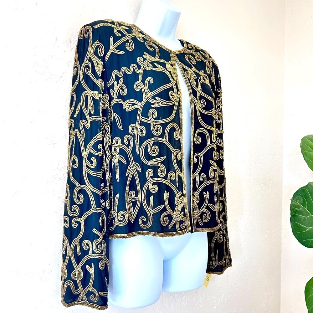 LORD AND TAYLOR Vintage Silk Gold Beaded Dress Jacket Size 10 Mob Wife - Picture 5 of 11
